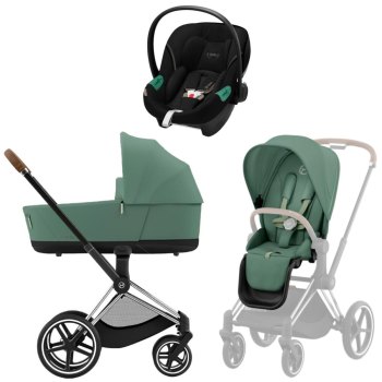 Коляска 3 в 1 Cybex Priam IV Chrome Brown Leaf Green и автокресло Aton S2 i-Size — (Moon Black)