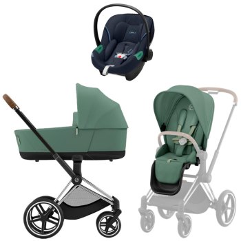 Коляска 3 в 1 Cybex Priam IV Chrome Brown Leaf Green и автокресло Aton S2 i-Size — (Ocean Blue)