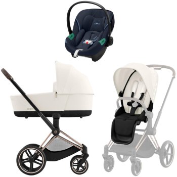 Коляска 3 в 1 Cybex Priam IV Rosegold Off White и автокресло Aton S2 i-Size — (Ocean Blue)