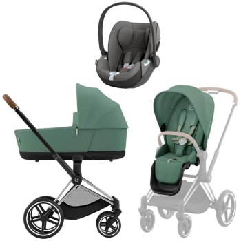Коляска 3 в 1 Cybex Priam IV Chrome Brown Leaf Green и автокресло Cloud T i-Size — (Mirage Grey)