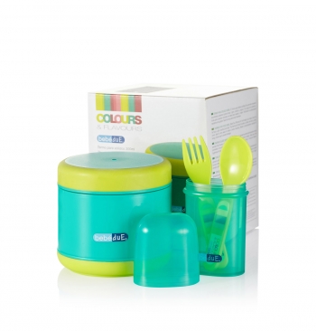 Набор для кормления Bebe Due: Термоконтейнер 300мл, пенал с ложкой и вилкой. — бирюзовый-салатовый
