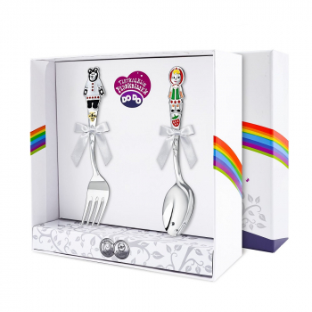 Набор детский Кольчугинский мельхиор (л+в) посеребренный 2пр. — Маша и Миша