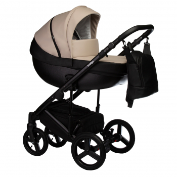 Коляска 3 в 1 Indigo TOUR ECO  — черная кожа+бежевая кожа