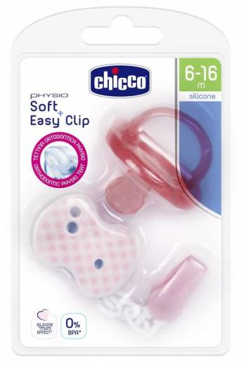 Пустышка Chicco Physio Soft + прищепка, силикон, 6-16м — Розовая