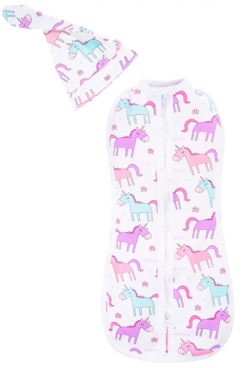 Комплект для новорожденного из двух предметов Веселый Малыш Единороги (пеленка-кокон,шапочка) — р.56-62