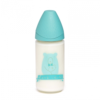 Бутылка Suavinex 0+ 240мл "Meaningful Life" с круглой с силиконовой соской (стекло) — зел.мишка