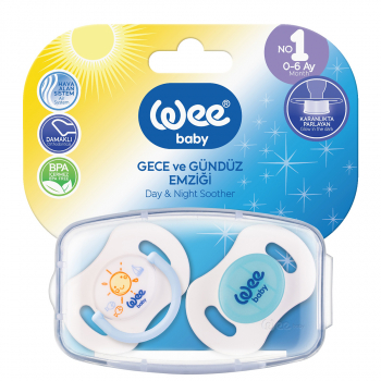 Набор ортодонтических сосок-пустышек WeeBaby День-Ночь, 2 шт. в контейнере, с рождения — синий