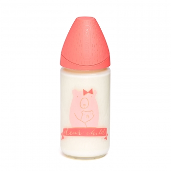 Бутылка Suavinex 0+ 240мл "Meaningful Life" с круглой с силиконовой соской (стекло) — роз.мишка