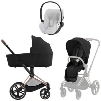 Коляска 3 в 1 Cybex Priam IV Rosegold Sepia Black и автокресло Cloud T i-Size — Platinum White Plus