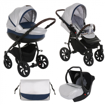 Коляска 3 в 1 Tutis Nanni (эко-кожа) — Кожа Серебро + Тем.синий