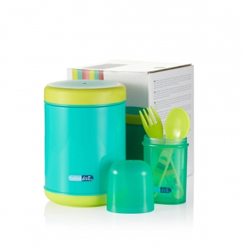 Набор для кормления Bebe Due: Термоконтейнер 500мл, пенал с ложкой и вилкой. — бирюзовый-салатовый