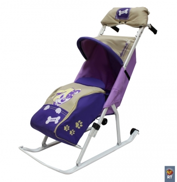 Санки-коляска RT Комфорт Люкс 11 Любопытный щенок с колесиками и муфтой — сиреневый