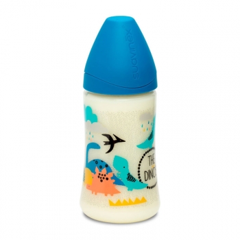 Бутылка Suavinex 270мл от 0мес с круглой латексной соской "3потока" — син.динозавр