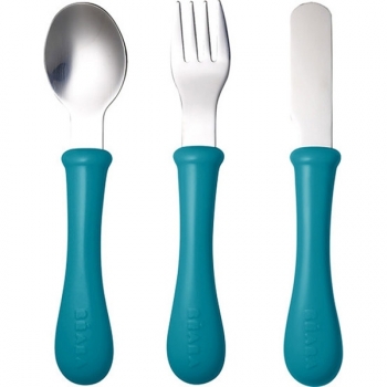 Набор ложка, вилка, нож Beaba "Set of 3 Cutlery Inox" — Blue