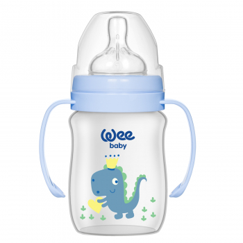 Бутылочка  для кормления WeeBaby Classic Plus, с ручкой, 150 мл, шир горлышко с силик. соской р-р1 — Синий динозавр