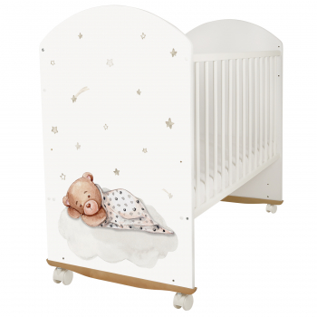 Детская кроватка Indigo "With Love" (колесо-качалка) массив березы — белый Мишка